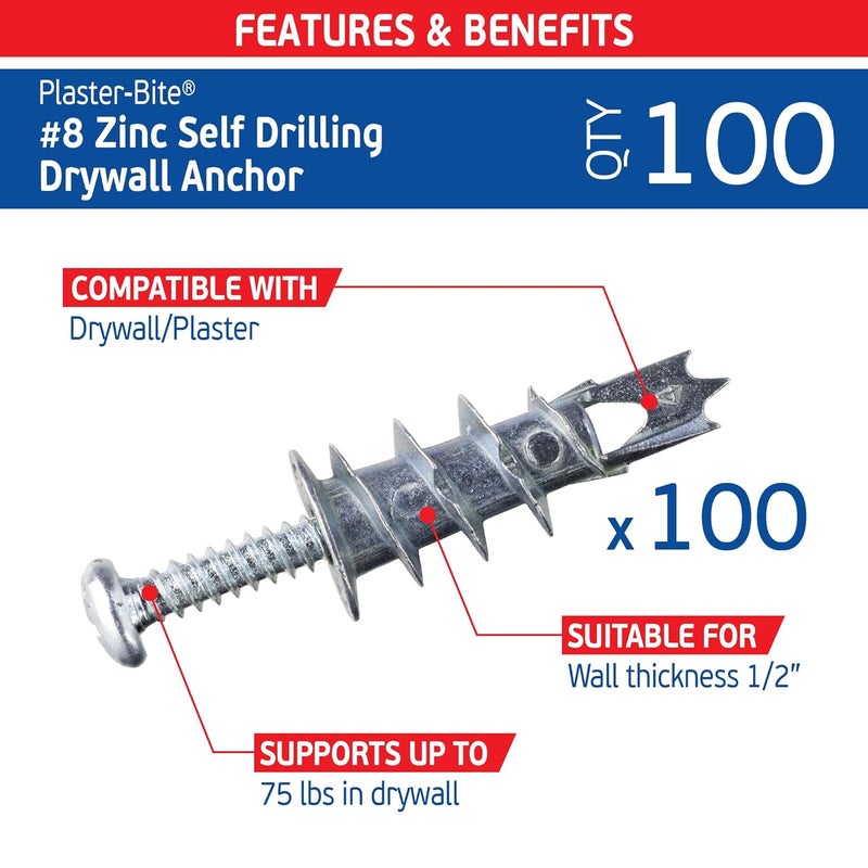 FixMaster Zinc Plaster Bite Self-Drilling Drywall Anchors w/Screws (100 Anchors & 100 Screws) – Heavy Duty Zinc Hollow Wall Anchor Kit for 3/8", 1/2", 5/8" Drywall – 75 lbs Holding Strength - Image 2